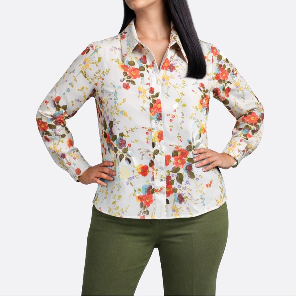 Retro 70s Floral Dagger Collar Button-Down Blouse White Red‎ Orange Print 0X L